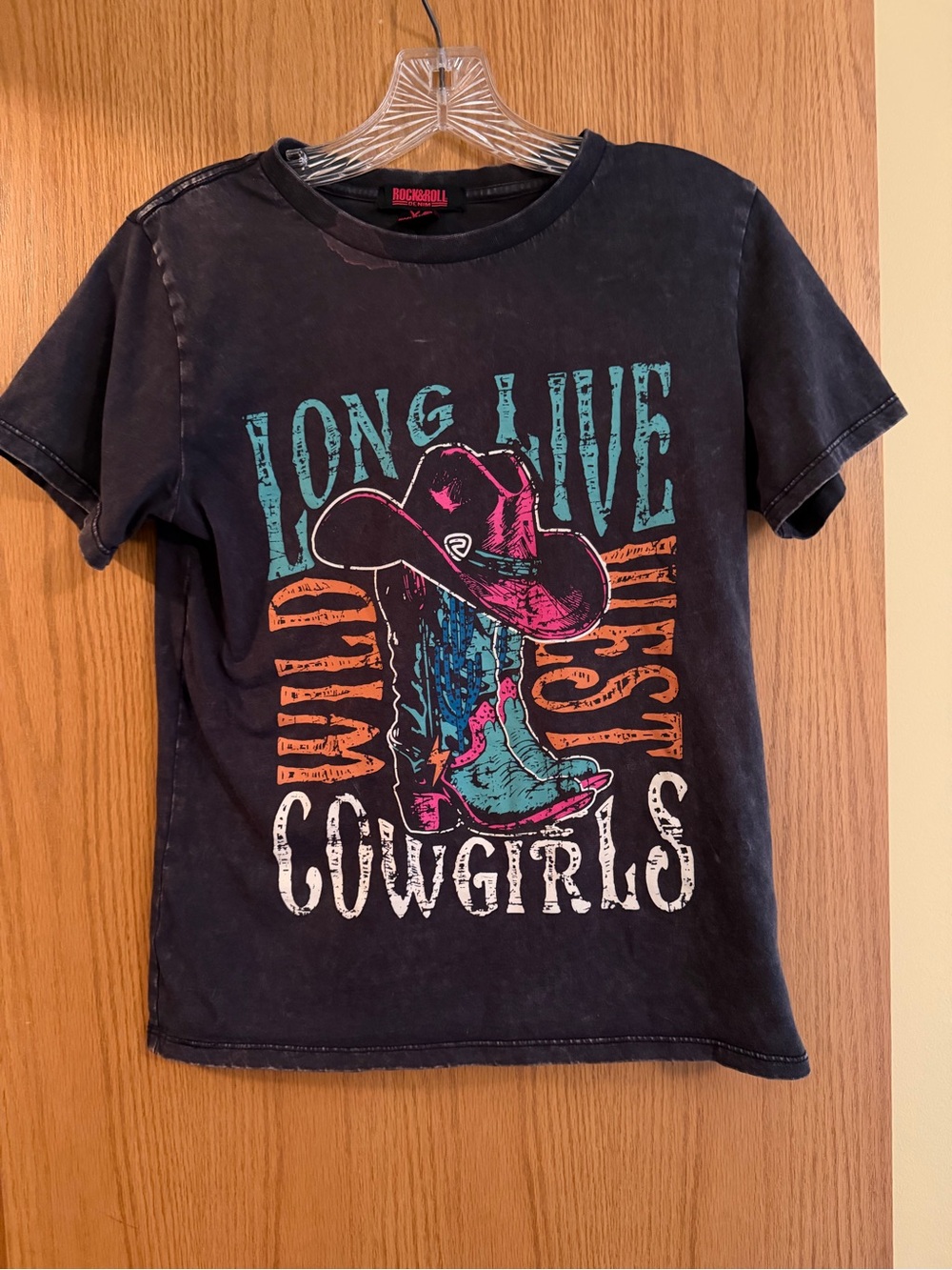 Rock & Roll Cowgirl Black Tee with Turquoise Pink Orange Western Graphic